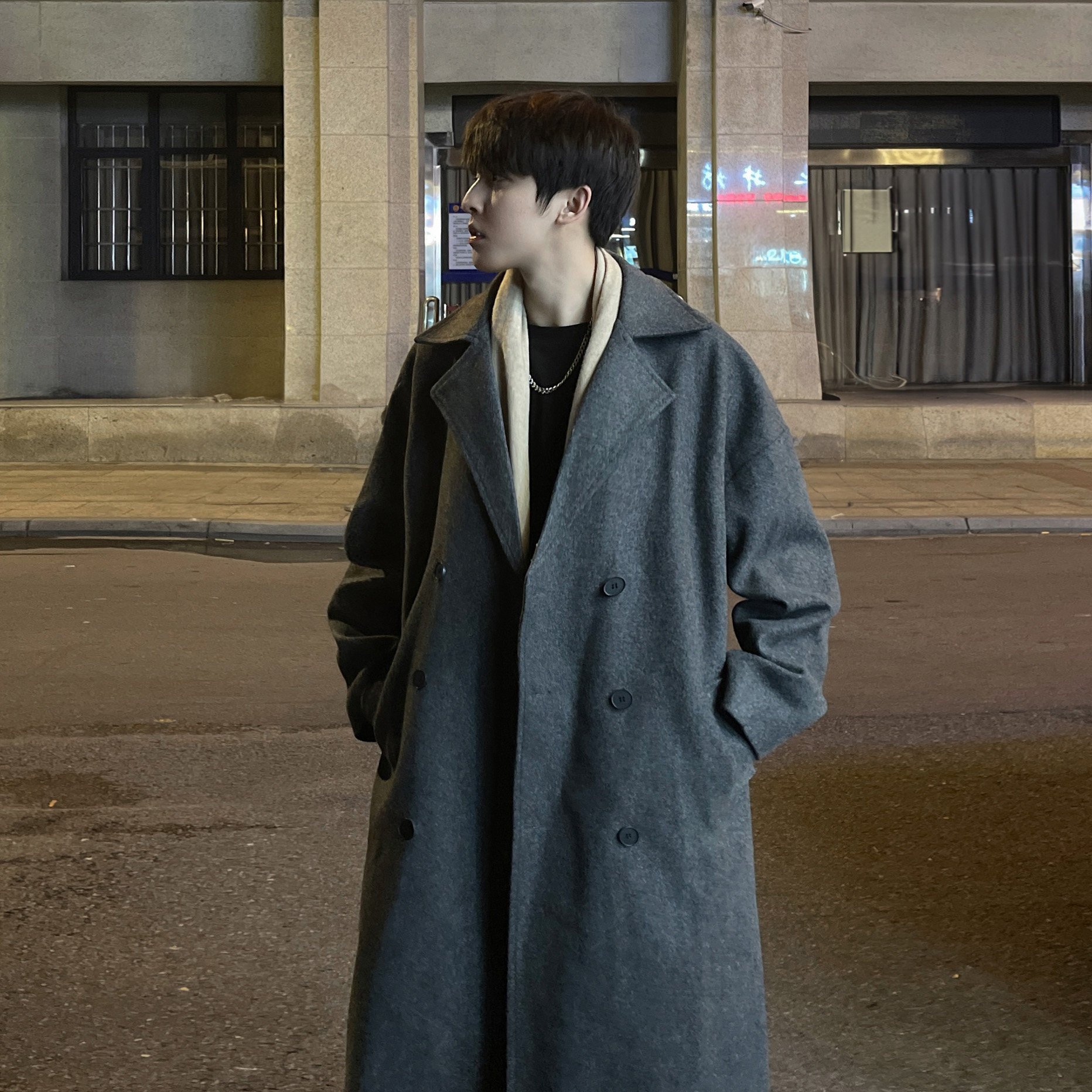 毛呢大衣男秋冬加厚风衣韩版过膝大衣外套双排扣F336-P128，男装风衣，电商A152