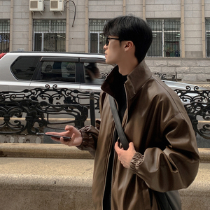 oversize 秋宽松痞帅外套男美式复古炸街机车夹克皮衣PY28-P98图片