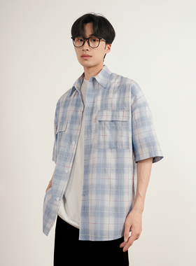 格子短袖衬衫男潮牌痞帅外套宽松百搭衬衣设计感上衣大码C27-P48