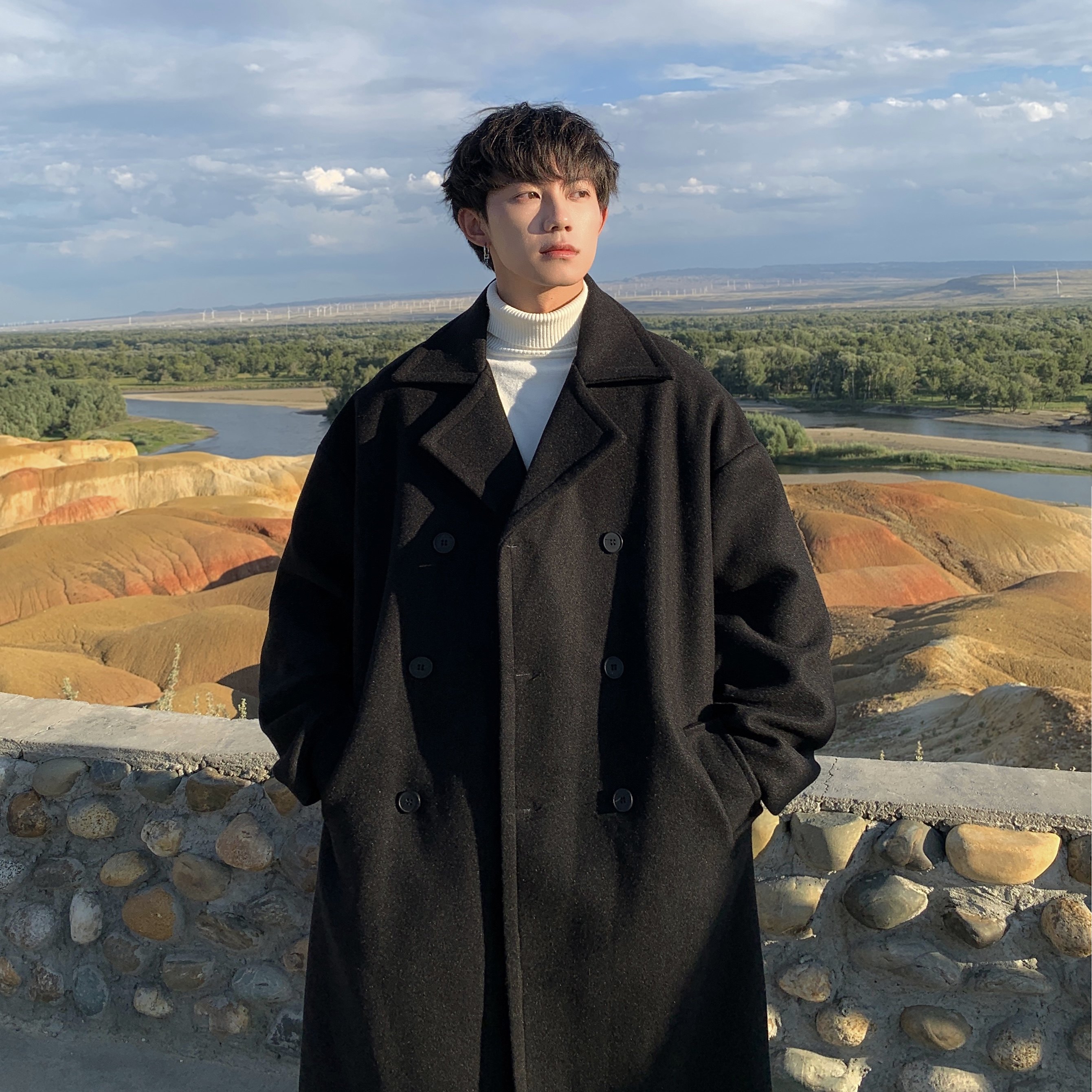 高级感毛呢大衣男中长款过膝韩系秋冬季ins加厚呢子外套F236-P128，男装毛呢大衣，电商A152