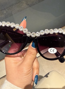 法式复古猫眼镶钻黑色太阳镜女