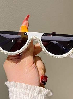 ins风镶钻半框猫眼太阳眼镜