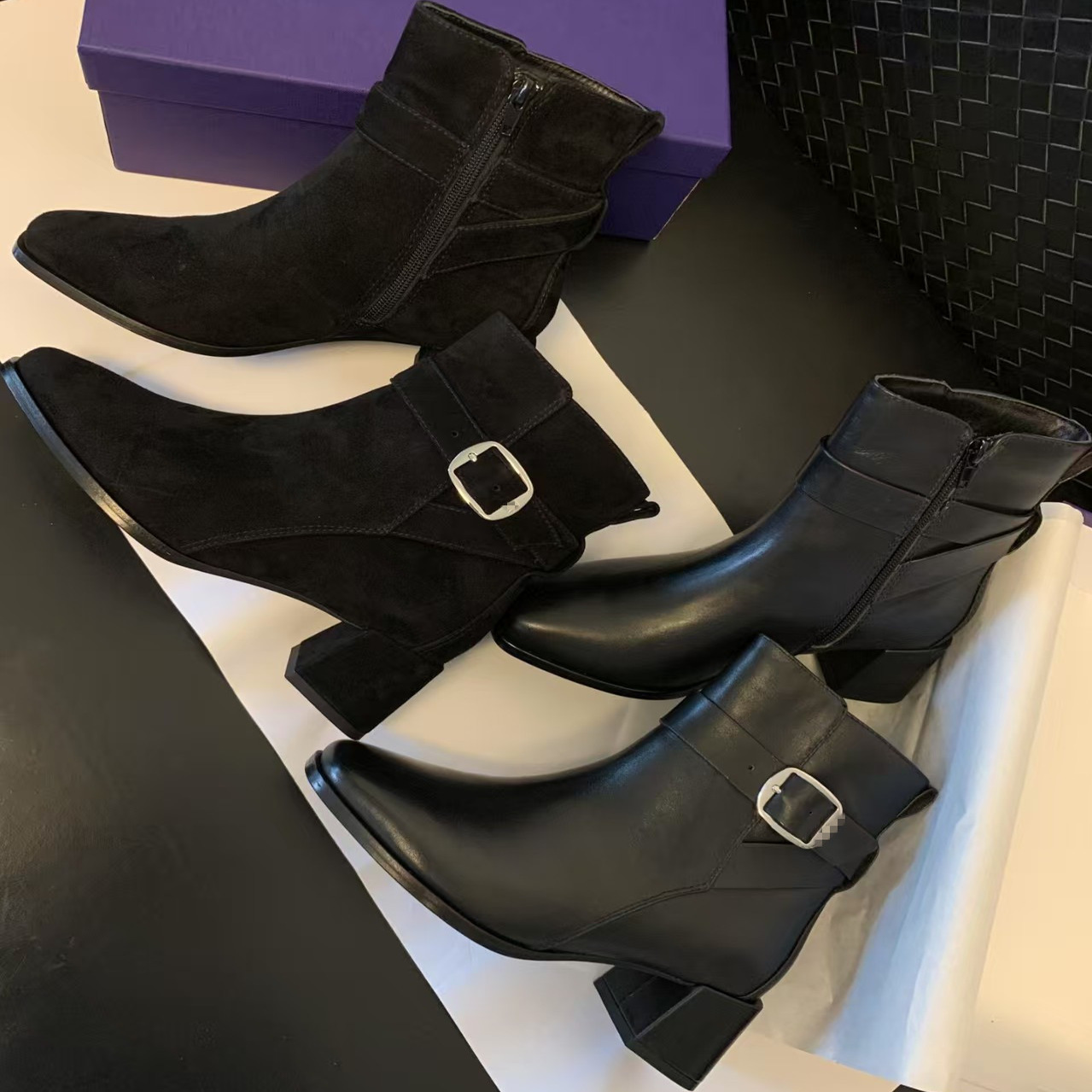 方头粗跟皮带扣短筒稳健百搭有型