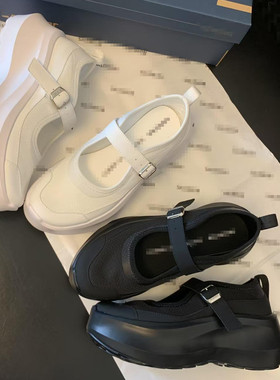 25夏秋新款黑白色牛皮+透气网布简约舒适7CM厚底增高玛丽珍女鞋