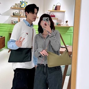 25春夏新款黑绿色小羊皮长方枕型36*23cm中号单肩斜挎手提腋下包