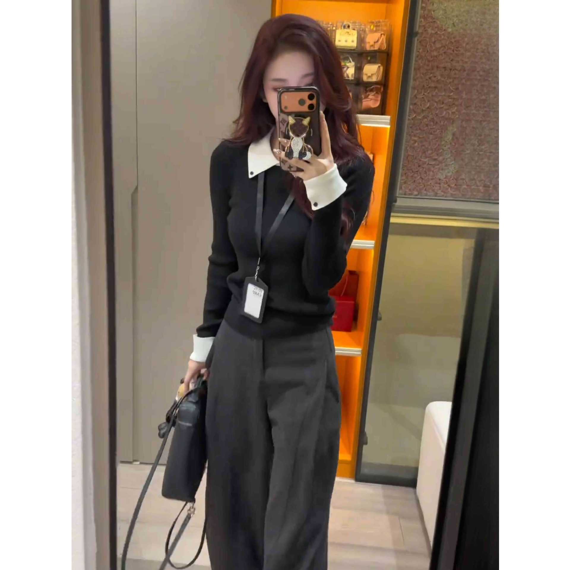 时髦Polo翻领针织衫女秋冬高智感ins内搭上衣长袖小个子软糯毛衣