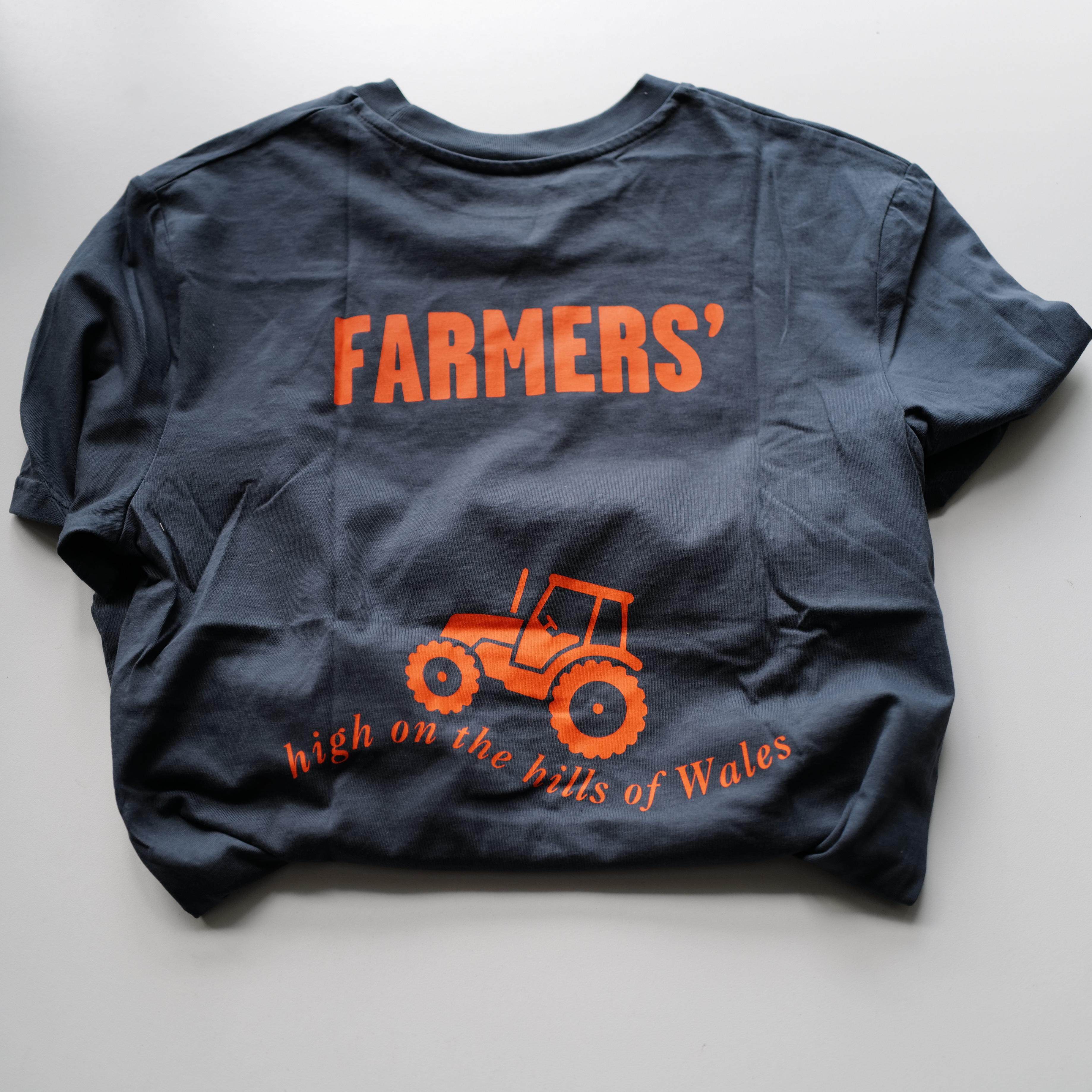 S码威尔士FARMERS'农民深铁灰海军蓝底橙色手工印花有机棉T恤