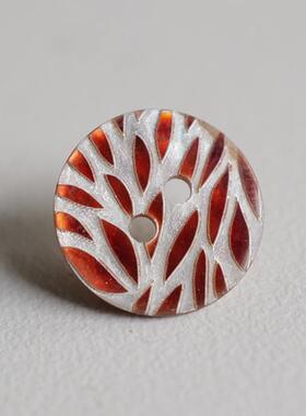 14mm一颗价英国Textile Garden棕红色叶片图案不平整贝壳纽扣