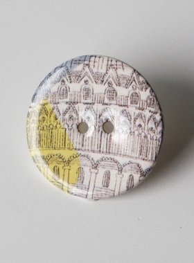 29mm一颗价英国Stockwell光亮边缘蓝黄色块教堂图案手工陶瓷纽扣
