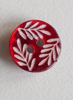 12mm一颗价 英国Textile Garden白色枝叶鲜红色底贝壳纽扣