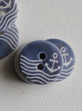 12mm一颗价格英国Textile Garden灰蓝底白色波浪船锚图贝壳纽扣