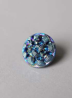 11mm仅1颗德国VINTAGE50年代蓝色虹彩鱼子纹浮雕嘉年华玻璃纽扣