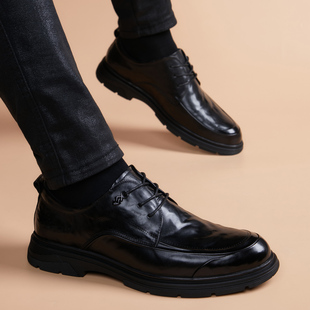 春秋季皮鞋男真皮商务正装头层牛皮舒适上班圆头系带内增高软底鞋