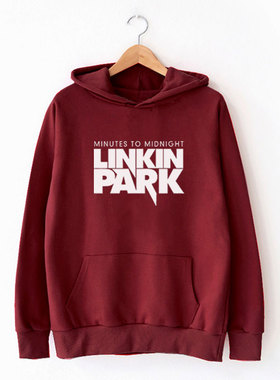linkin park 连帽套头卫衣酒红色男帽衫纯棉抓绒加绒厚大码秋冬款