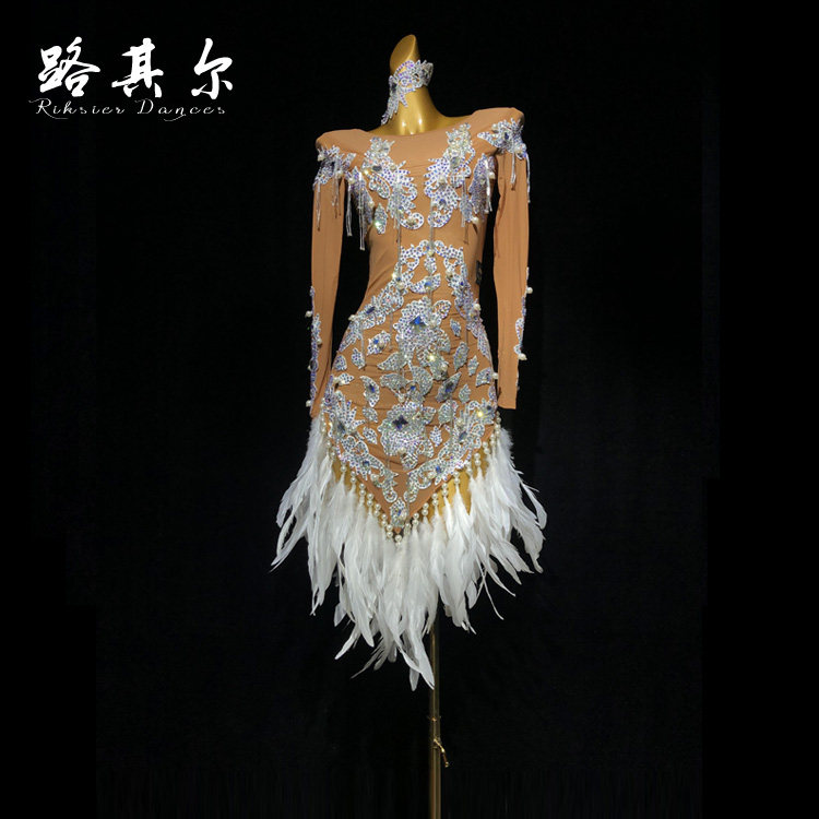 路其尔*女士新款拉丁舞表演服装国标舞比赛服羽毛烫钻儿童L-2175