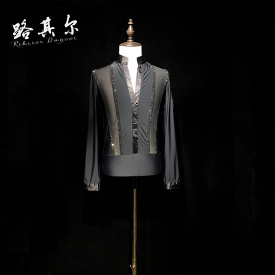 路其尔*男高订钻服拉丁舞表演服国标比赛新款男士上衣长袖Q-22309