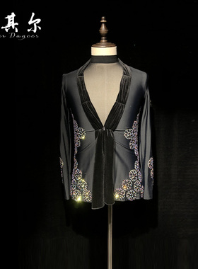 路其尔*男童拉丁舞表演服国标比赛烫钻服新款男士长袖上衣Q-21219