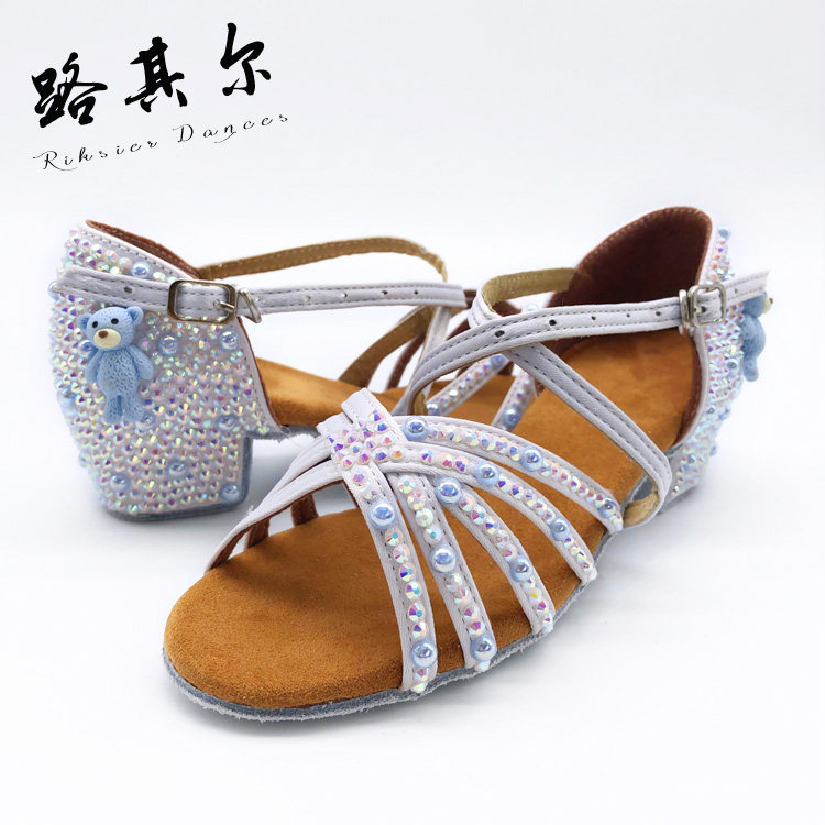 卡通珍珠小熊女童拉丁舞鞋软底室内底女款比赛舞鞋/舞蹈鞋/镶钻鞋