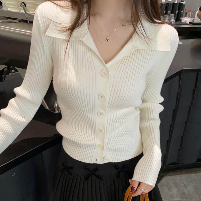 白色翻领针织衫女外搭2025春秋新款薄款毛衣长袖打底春季polo上衣