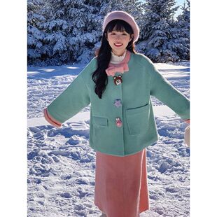 大码女装多巴胺毛呢可爱套装女中长款胖mm显瘦春秋