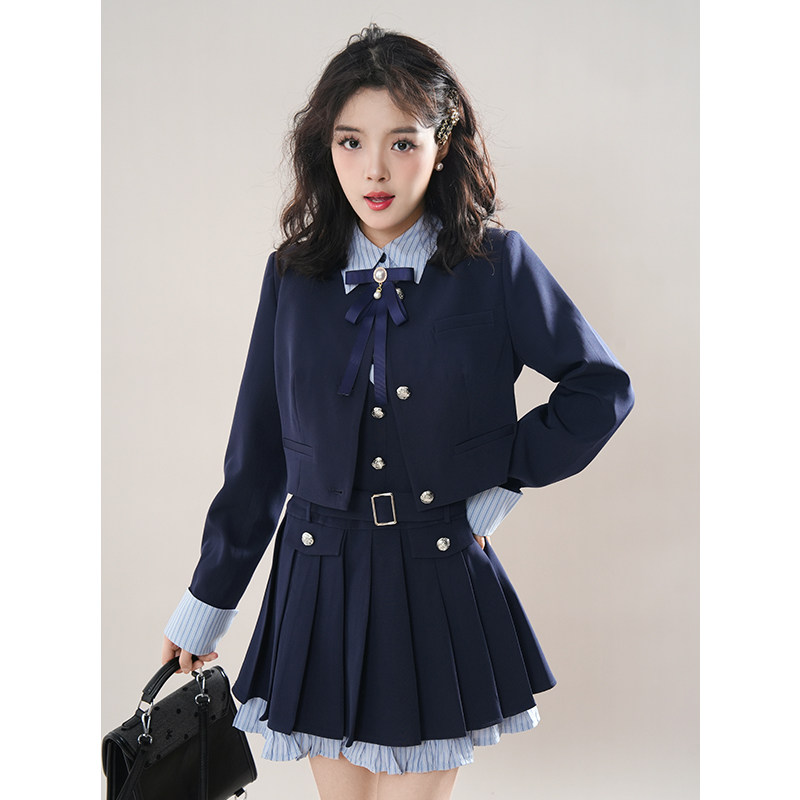 JK制服学院风假两件百褶连衣裙西装外套两件套装女秋季