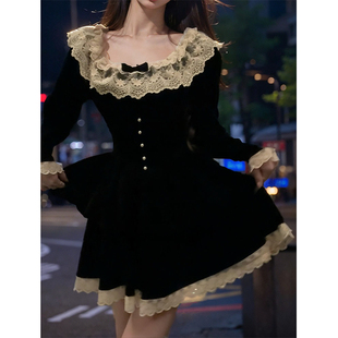 大码法式复古甜美红色圣诞丝绒连衣裙女秋冬纯欲收腰公主蓬蓬短裙