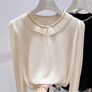 2026新款法式气质显瘦圆领钉珠百褶拼接套头长袖雪纺上衣女秋季