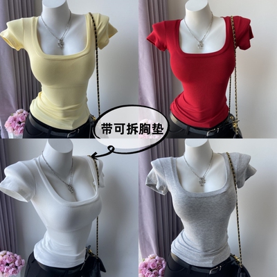 漫画身材带胸垫U领沙漏腰短袖T恤女收腰显胸性感紧身弹力低胸上衣