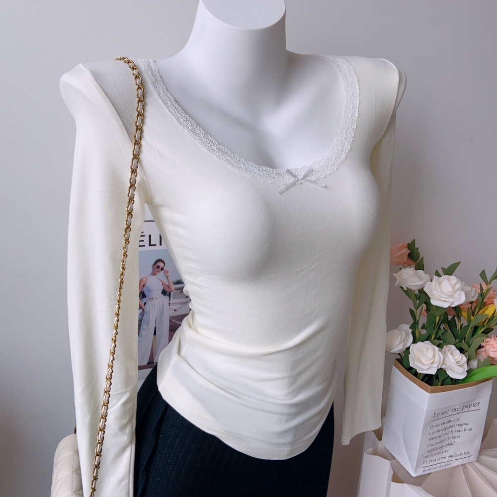 长袖蕾丝边蝴蝶结上衣磨毛