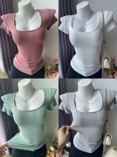 薄显身材螺纹棉女纯欲短袖大U领