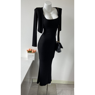 包臀裙连衣裙两件套长裙女 可调节吊带长款 纯欲辣妹长袖 披肩开衫