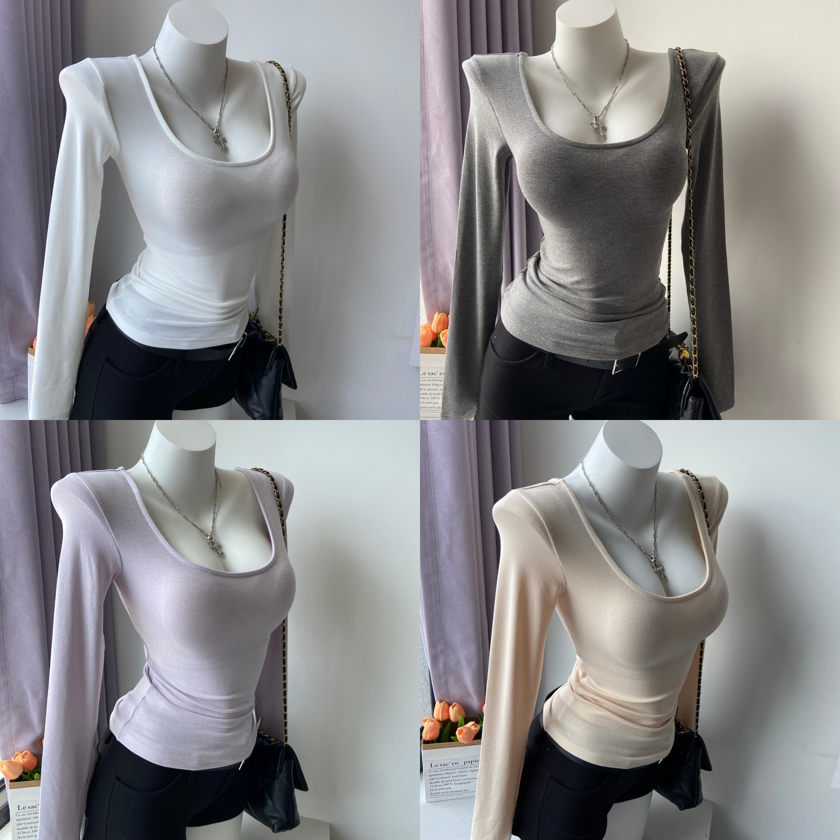 法式性感前后U领低胸性感紧身弹力收腰长袖T恤女大领口内搭打底衫