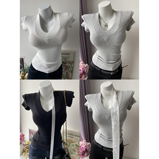 美式复古深V领紧身弹力收腰短袖T恤女性感辣妹低胸弹力正肩上衣夏