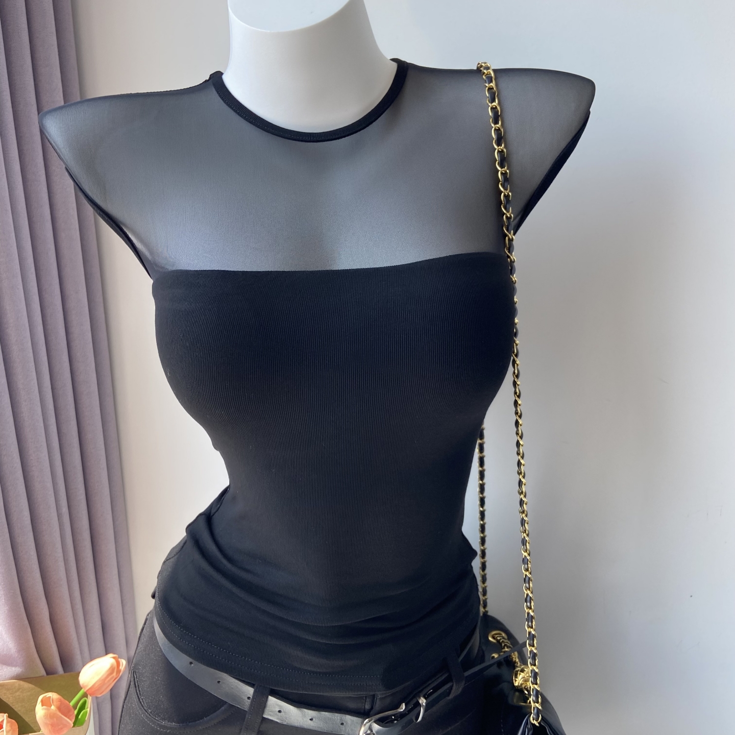 纯欲辣妹带胸垫透视短袖T恤女网纱拼接收腰显胸大黑色薄纱上衣夏