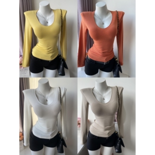 韩漫身材U领低胸辣妹性感收腰长袖T恤女加绒弹力修身上衣内搭打底