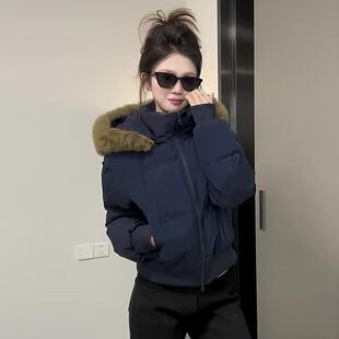 【下单立减50】藏青色美式复古毛领连帽棉服外套女短款加厚保暖小