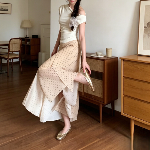 温柔风斜肩小衫搭配波点碎花半身长裙夏季收腰长款两件套女装