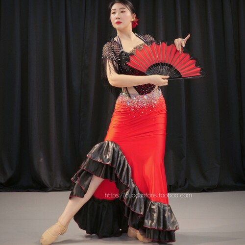 Anita木扇弗拉明戈舞大号红色蕾丝木扇 舞蹈扇西班牙扇30厘米大扇