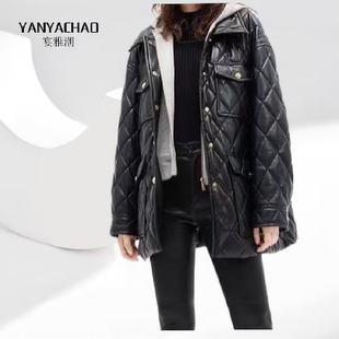 冬季时尚新款～真皮羊皮～假两件可拆卸连帽真皮宽松外套羽绒服