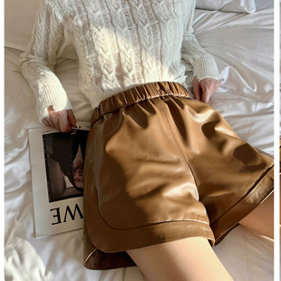 显腿长 细腻绵羊皮高腰黑色a字短裤圆弧设计小羊皮真皮直筒裤新款