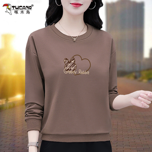 啄木鸟卫衣女春秋2025新款女士时尚加绒宽松圆领外套妈妈春装上衣