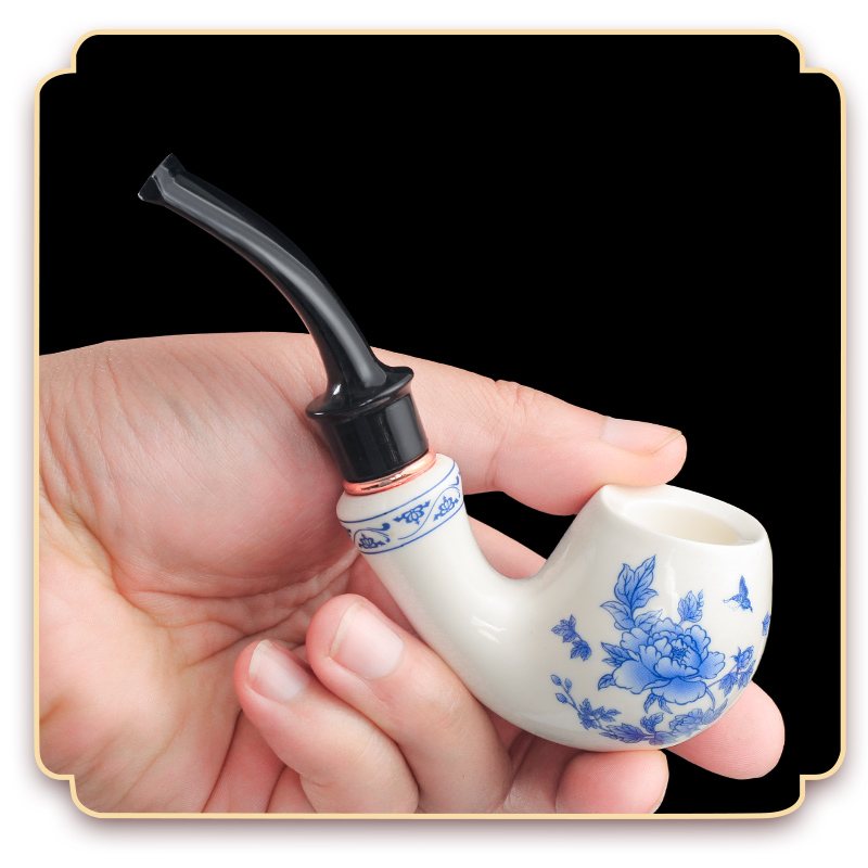 陶瓷军插青花瓷烟斗9mm烟道拆卸