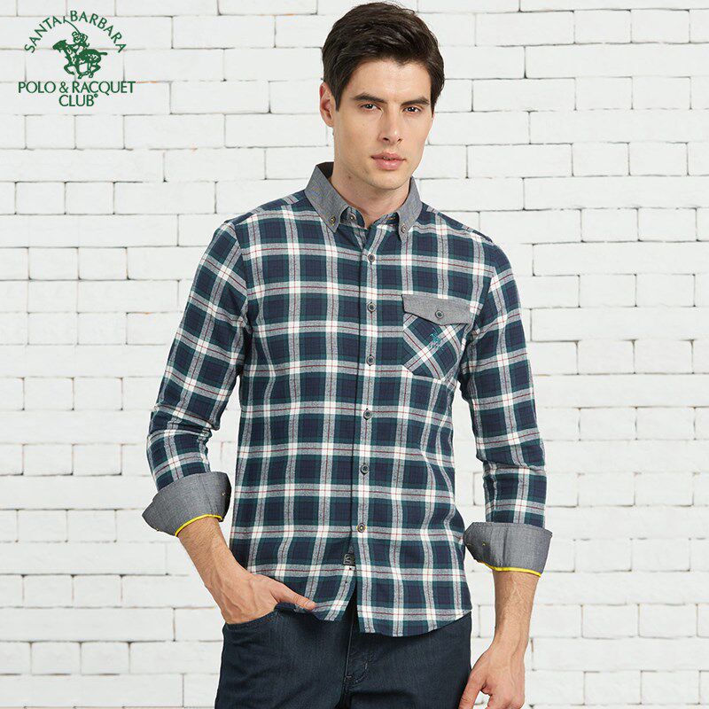 圣大保罗男装厚款法兰绒纯棉衬衣休闲修身格子长袖衬衫薄外套男