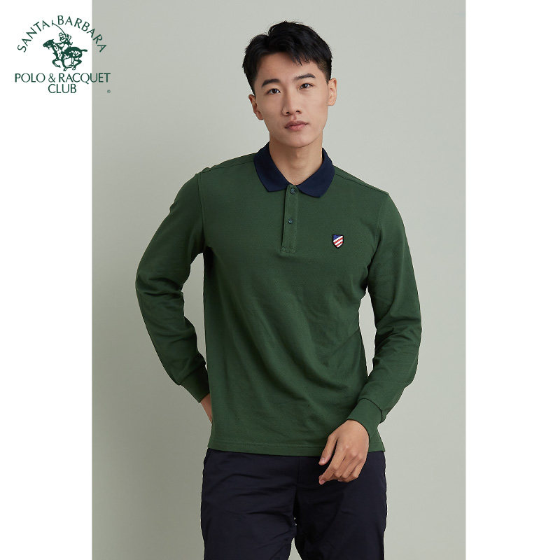 圣大保罗长袖t恤男春季新款合身纯棉中青年男士纯色翻领polo衫男