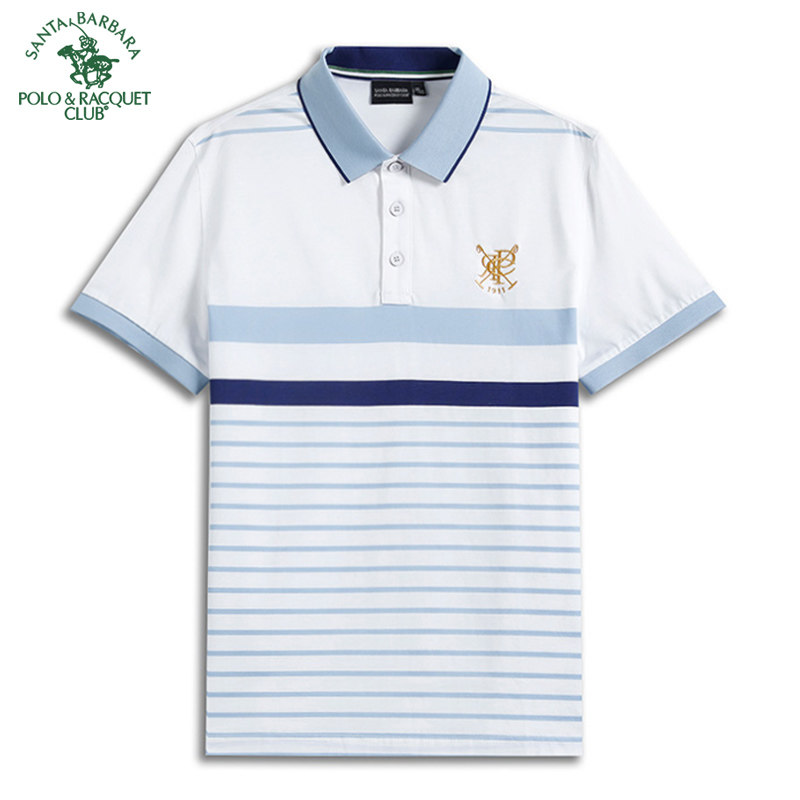 圣大保罗夏季男士商务休闲修身POLO翻领条纹时尚短袖纯棉T恤衫