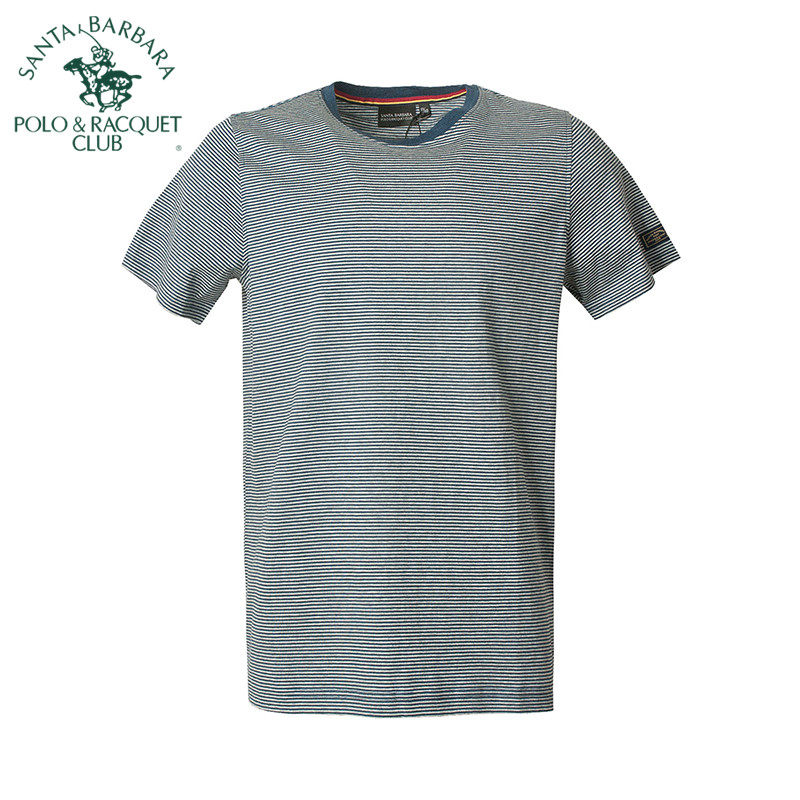 圣大保罗POLO男士夏季薄款休闲圆领修身细条纹打底衫纯棉短袖T恤
