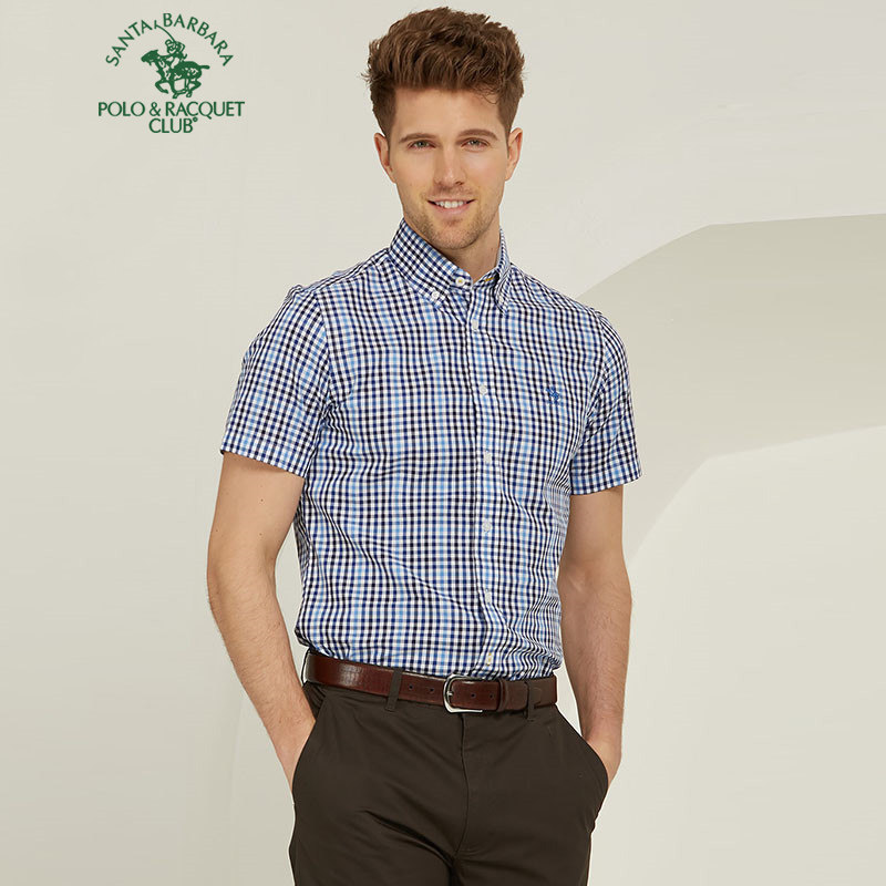 圣大保罗POLO夏季男士休闲格子纯棉衬衣宽松短袖衬衫 PS14WH127
