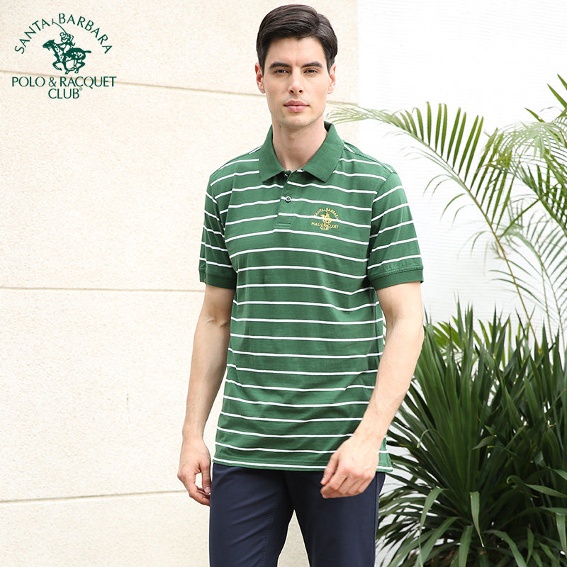 圣大保罗男装宽松大码纯棉翻领条纹短袖T恤衫半袖POLO衫