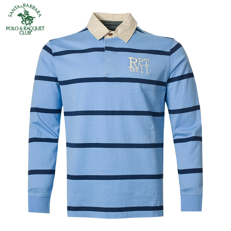 圣大保罗男装春秋衬衣领休闲修身条纹长袖纯棉T恤POLO衫