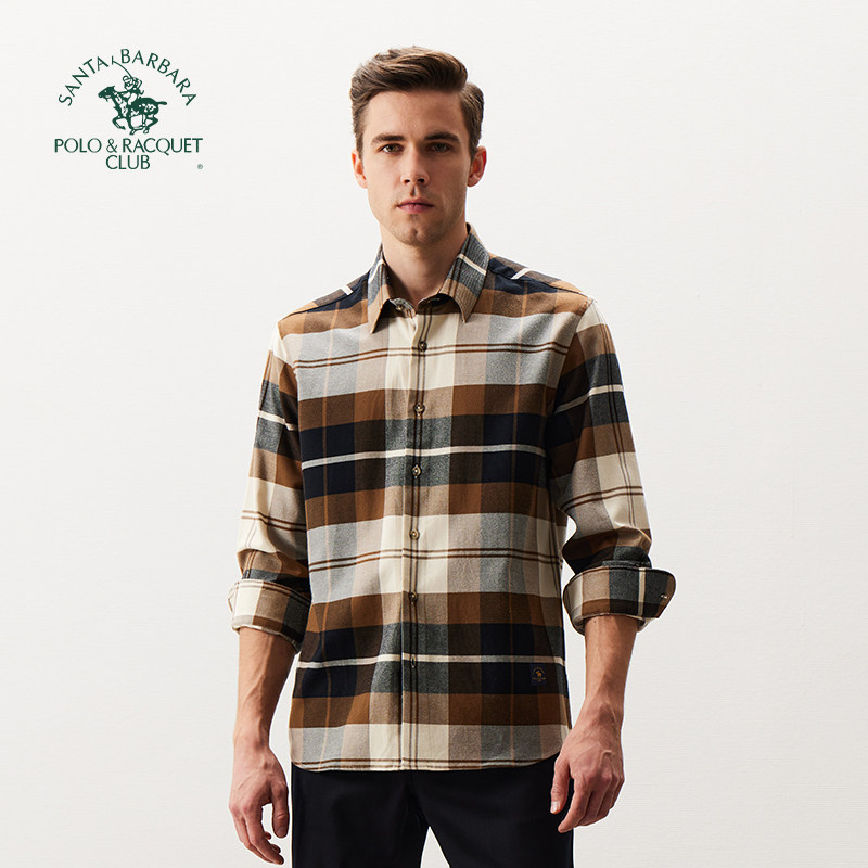 圣大保罗春秋冬季天丝棉磨毛长袖衬衫男士商务休闲宽松格子厚衬衣